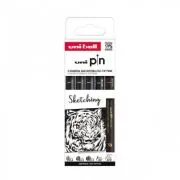 Set 5x Liner UNI PIN-200 ASP017, pe baza de apa, varf 0. 4-1. 2mm + pensula + pensula extra-fin, negru