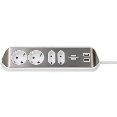 Prelungitor pentru perete/colt Brennenstuhl Estilo 4 prize, 2 USB, 3.1 A, 2m inox, adeziv inclus, argintiu-alb 1153590420