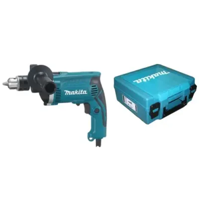 Masina de gaurit si insurubat cu percutie Makita HP1631K, 710 W, 3200 RPM, 48.000 percutii/min, 13 mm mandrina, maner lateral, valiza transport (Negru/Albastru)