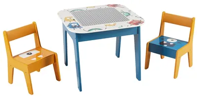Set masă din lemn pentru copii cu 2 scaune Ginger Home – Monster, compatibil cu blocuri de construcție