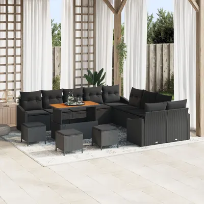 Set de canapea de gradina Gossi cu 13 piese si perne negre din poliratan si acacia, canapea de gradina Gossi cu 2 locuri si perne negre din poliratan, set de dining pentru gradina cu 3 piese si perne negre din poliratan si acacia
