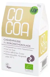 Nuci caju organice în ciocolată crudă, nucă de cocos, 70 g, Surovital