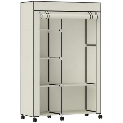 HOMCOM Dulap textil pentru haine mobilier de depozitare 6 roți bară de agățat și rafturi deschise 103x43x162,5cm crem | Aosom Romania