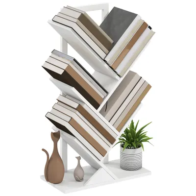 HOMCOM Bibliotecă în Formă de Copac cu 5 Rafturi și Sistem Antivărsare pentru Sufragerie Dormitor 50x24x82 cm Alb | Aosom Romania