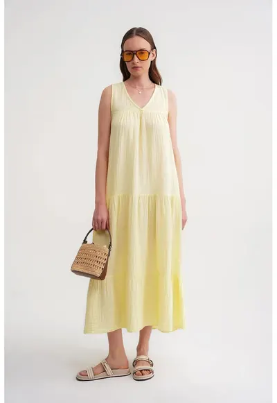 Rochie midi fara maneci - galben - bumbac - cu buzunare
