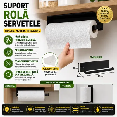 Suport rola prosoape de hartie bucatarie montat pe perete, Din otel inoxidabil, Suport pentru folie de plastic, Suport pentru agatat prosoape, 26 cm, Negru