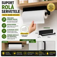 Suport rola prosoape de hartie bucatarie montat pe perete, Din otel inoxidabil, Suport pentru folie de plastic, Suport pentru agatat prosoape, 26 cm, Negru
