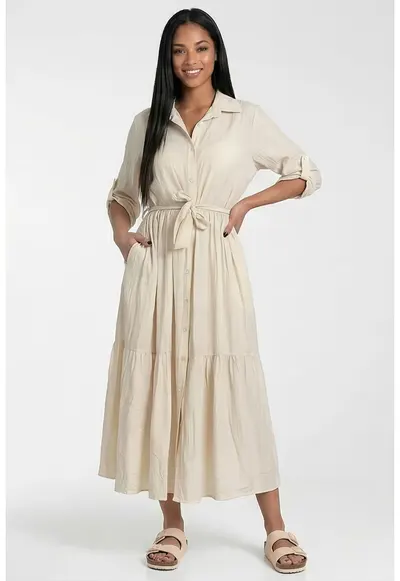 Rochie maxi M1312 - bej - croiala evazata - maneci 3/4 - material din viscoza