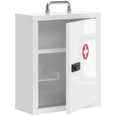 HOMCOM Dulap pentru medicamente pentru montare pe perete cu încuietoare cu cifru, 3 niveluri, dulap încuiabil pentru prim-ajutor din oțel, Alb | Aosom Romania