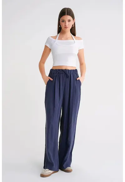 Pantaloni dama - Palazzo plisati - talie inalta - Albastru marin - Modal