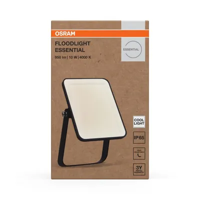 Proiector LED OSRAM FLOODLIGHT ESSENTIAL, 10W, 220-240V, 900 lm, lumina neutra(4000K), IP65, 13.2x2.8x8.3cm, aluminiu, Negru