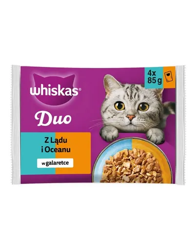 Hrană umedă pisici adulte în gelatină WHISKAS Duo 4x85 g mix carne și pește