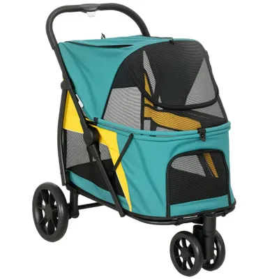 PawHut Cărucior pentru câini pliabil Cărucior pentru câini până la 20 kg cu pernă, ferestre din plasă, buzunar spate, 92 x 63 x 95 cm Verde închis | Aosom Romania