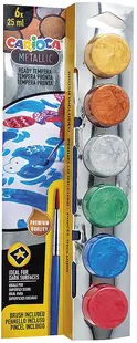 Set de culori tempera Carioca Metallic - Cu pensulă, 6 culori x 25 ml