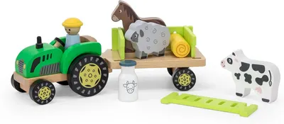 Set din lemn Viga - Tractor cu fermier și animale