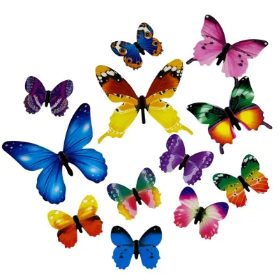 Set 12 fluturi decorativi 3D, fosforescenti, autoadezivi, 6-12 cm, multicolori
