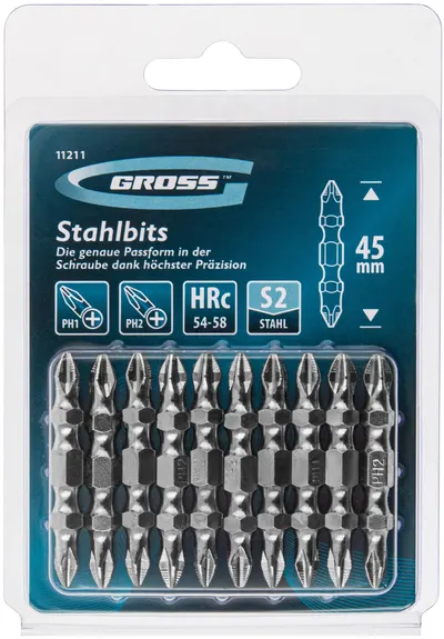 Set biți cu două fețe Gross - PH2-Ph1 x 45 mm, S2, 10 buc.