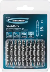 Set biți cu două fețe Gross - PH2-Ph1 x 45 mm, S2, 10 buc.