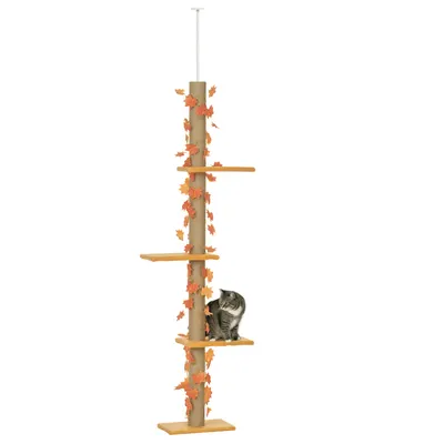 PawHut Arbre à chat cu înălțime reglabilă 202-242 cm cu frunze decorative, zgârier și platforme din plus portocaliu | Aosom Romania