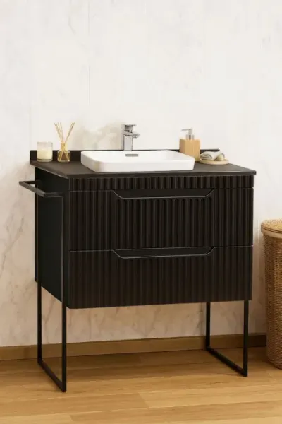 Set Baza front MDF si Lavoar seria 633, cu sertare, cadru metalic, montat, 80 cm, negru