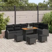 Set de canapele de gradina Gossi 9 piese cu perne negru poliratán acacia, canapea de gradina Gossi cu 2 locuri si perne negru poliratán, set de dining de gradina Gossi 3 piese cu perne negru poliratán acacia