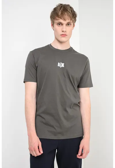 Tricou cu decolteu la baza gatului si model monograma - Kaki/Alb murdar