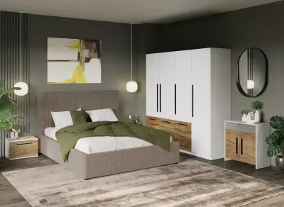 Set Mobila Dormitor Timea T5 cu Pat Tapitat