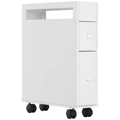 Kleankin Dulap Baie Mobil cu 4 Roti 2 Sertare și Suport Hartie Igienică | Aosom Romania