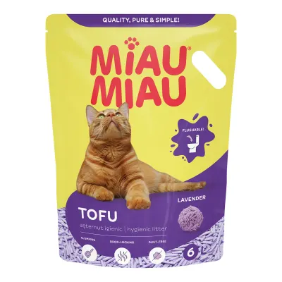 MIAU MIAU Tofu, Lavanda, așternut igienic pisici, peleți, tofu, aglomerant, ecologic, biodegradabil, 6l