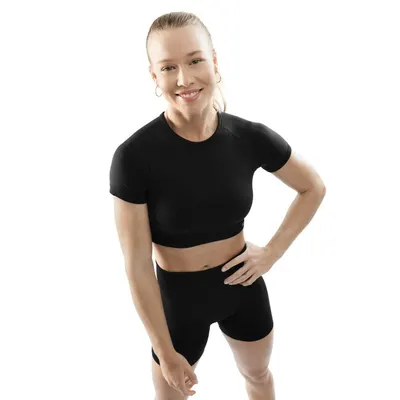 Femei fără sudură cu mânecă scurtă sport crop top Attitude Negru