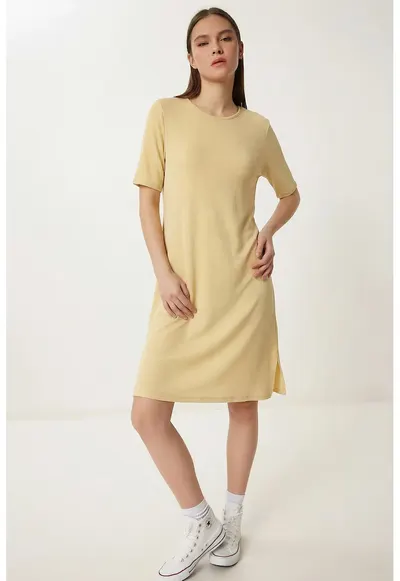 Rochie mini - Happiness Istanbul - galben - cumaneca scurta - guler rotund - bumbac