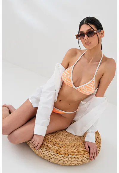 Sutien triunghiular de baie cu model - Portocaliu deschis/Crem