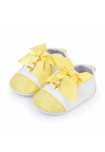 Pantofi Cu Fundita - Elegant - Piele ecologica - Fete - Siret - Alb - Galben - 3-6 luni