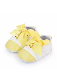 Pantofi Cu Fundita - Elegant - Piele ecologica - Fete - Siret - Alb - Galben - 3-6 luni -