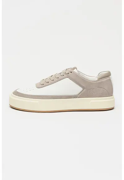 Pantofi sport de piele si piele intoarsa cu perforatii - Alb/Maro taupe deschis