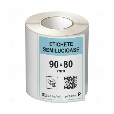 Rola etichete autoadezive semilucioase 90x80 mm, adeziv permanent, 500 etichete rola