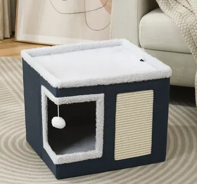 Ansamblu de zgariat pentru pisici, cu casuta si pat superior, 41 x 41 x 35 cm, albastru