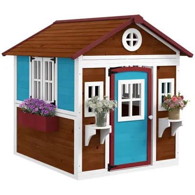 Outsunny Casuta de Joaca din Lemn pentru Copii pentru Exterior si Interior, Casa Wendy din Lemn cu Usi, Ferestre, Ghivece, Maro Inchis