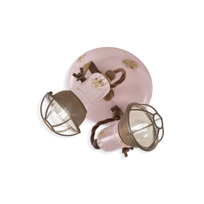 Plafoniera 2 Luci Con Gabbia / Ceiling Lamp Retro Loft Finish Vic - Vintage Cipria C1678-1