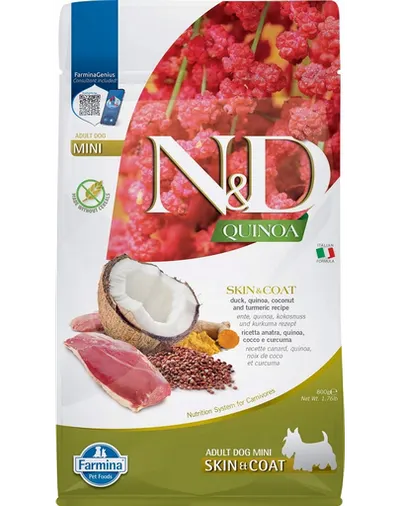 FARMINA N&amp;D Quinoa Mini Skin&amp;Coat hrana caini talie mica 800g rata si nuca de cocos