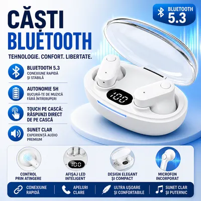 Casti Bluetooth 5.3, Baterie Statie 200mAh, StandBy 180H, Touch pe Casti, Respingere/Raspundere Apel VTS-210, Alb
