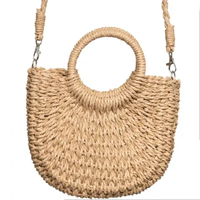 Geanta mica impletita crossbody, circulara cu manere rotunde, bej inchis