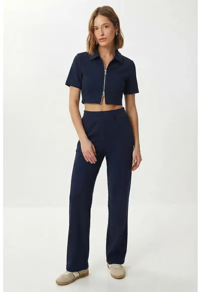 Compleu din doua piese - Happiness Istanbul - set cu pantaloni cu talie inalta si jacheta - albastru marin - 50% viscoza/44% poliester/6% elastan