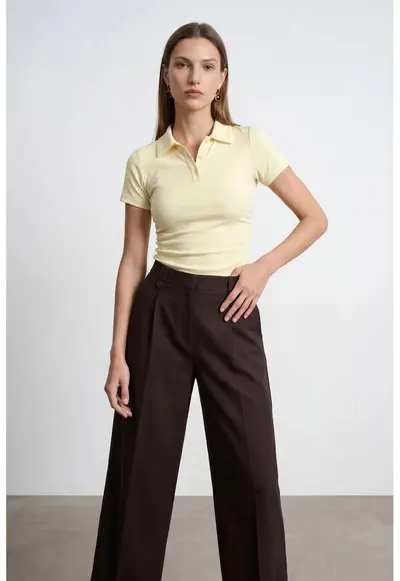 Tricou Polo Crop Femei Galben Lamaie - Slim Fit - Maneca Scurta - Bumbac-Viscoza-Elastan