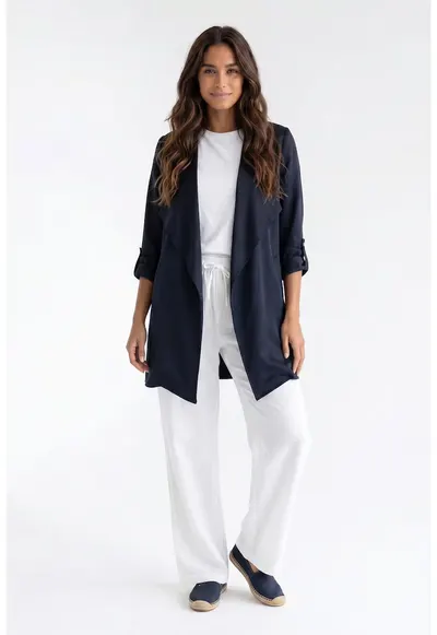 Palton de primavara scurt - oversize - cu rever si maneca lunga - fara inchidere - M1353 - Bleumarin