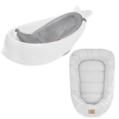 Set Cadita inteligenta, Skip Hop, Pentru 3 etape de crestere, Alb si cosulet bebelus, Qmini, 55 x 75 cm, Husa 100% muselina dubla, Grey