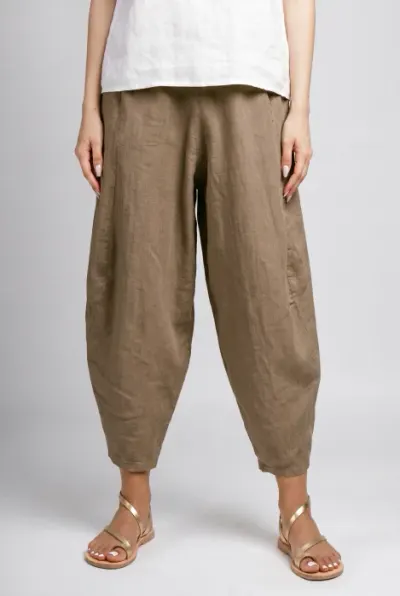 Pantaloni salvari din in cu croi lejer si volumetric, bej inchis