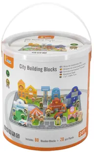 Constructor de lemn Viga Toys PolarB - Oraș, cu figurine și platformă, 100 de bucăți