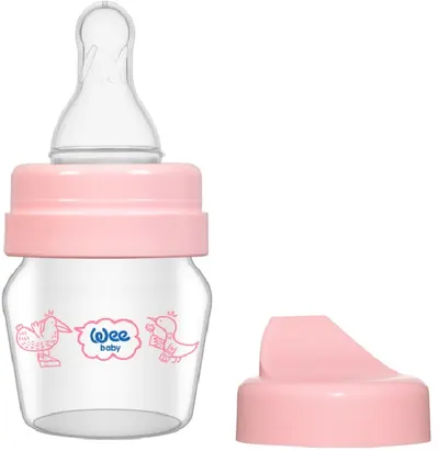 Biberon din sticla Wee Baby Mini, cu 2 varfuri, 30 ml, roz
