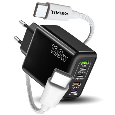 Incarcator Retea Timebox, 120W, 5 Porturi, 3 x Type-C, 2 x USB, Alb - Default Title